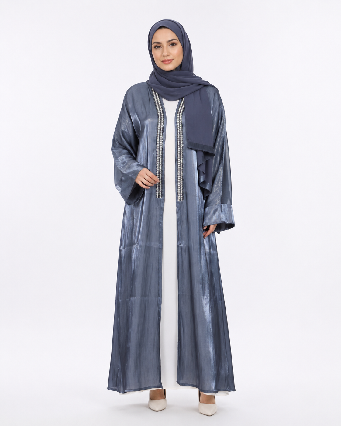Slate Blue Satin Front Open Abaya